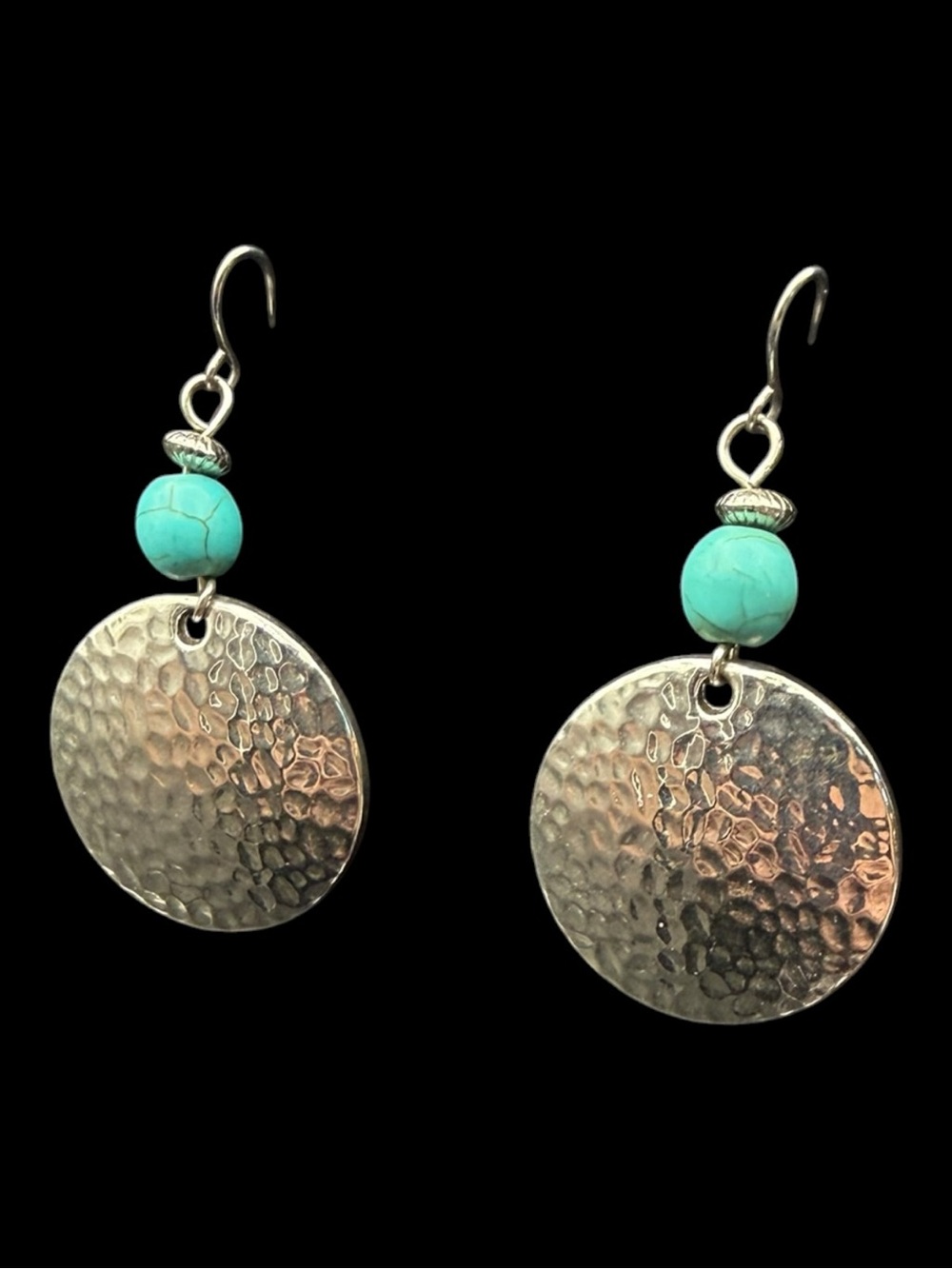 Hammered Silver-Tone Disc Earrings with Faux Turquoise Bead - Women's Jewelry